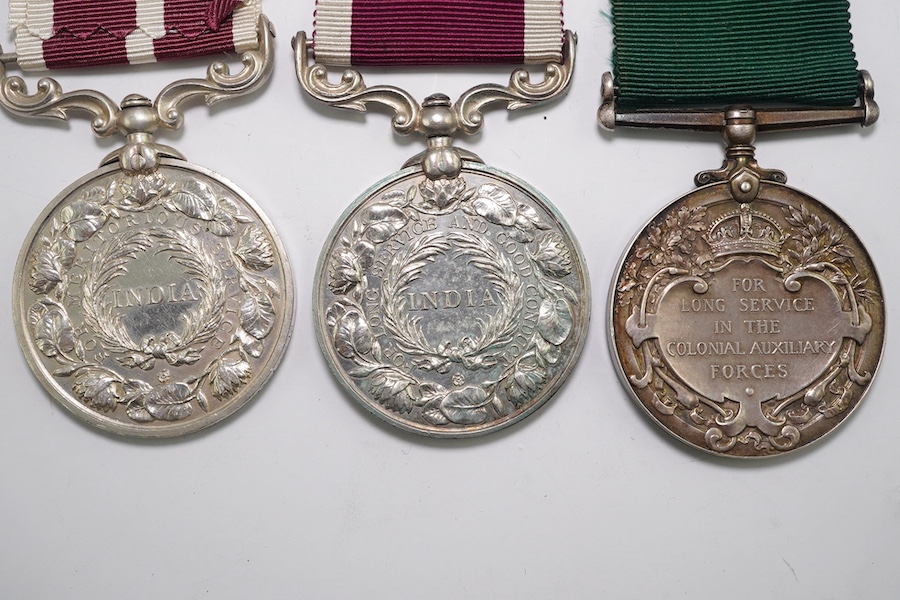 A Geo V India Meritorious Service Medal 1888 to 3999 Sepoy Bhuluam Mohd 3/16 Punjab R., Geo VI Meritorious Service Medal to Indian Army M.E. 57074 Hav Khansi Ram IEME, Geo V Colonial Auxiliary Forces Long Service medal u